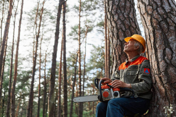 licensed-tree-professional-east-texas-forest-service Tree service professional sitting with chainsaw in wooded area after tree inspection.
