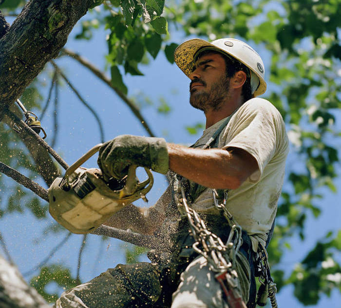 tree_cutter_with_chainsaw A tree cutter using a chainsaw while climbing a tree.